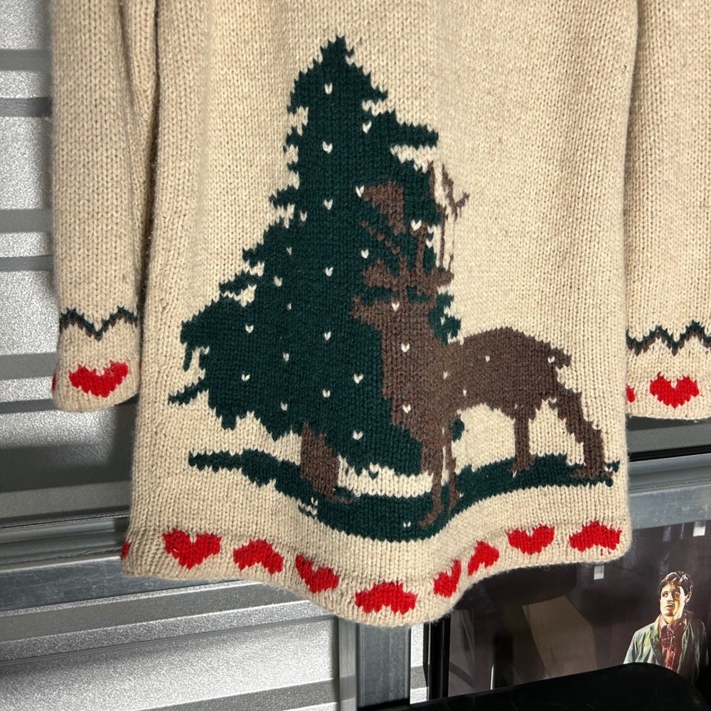 VINTAGE Concepts Susan Bristol Cardigan Womens M Beige Wool Heart Deer Pine Tree - Picture 10 of 14
